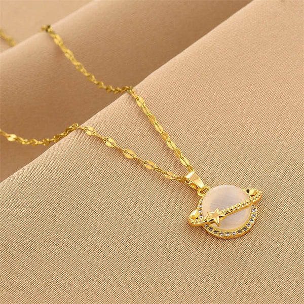 French Style Design Planet Opal Pendant Titanium Steel Necklace Non-fading Simple